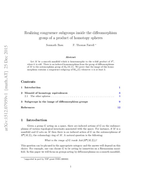 (PDF) Realizing congruence subgroups inside the diffeomorphism group of a product of homotopy ...