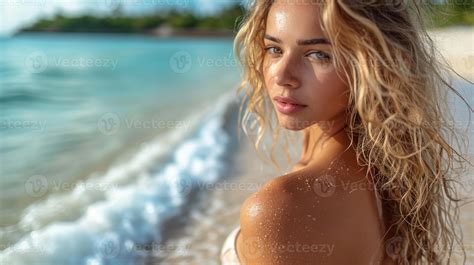 Ai Generated Beautiful Girl In White Bikini On The Beach Close Up Portrait Stock Photo