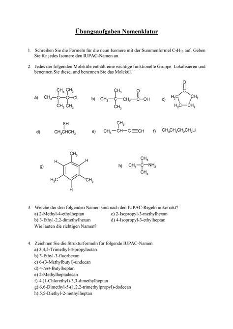 Nomenklatur uebungen ALLGEMEINE ORGANISCHE CHEMIE Übungsaufgaben