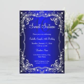 Royal Blue Sweet Silver Pearl Damask Party Invitation Zazzle