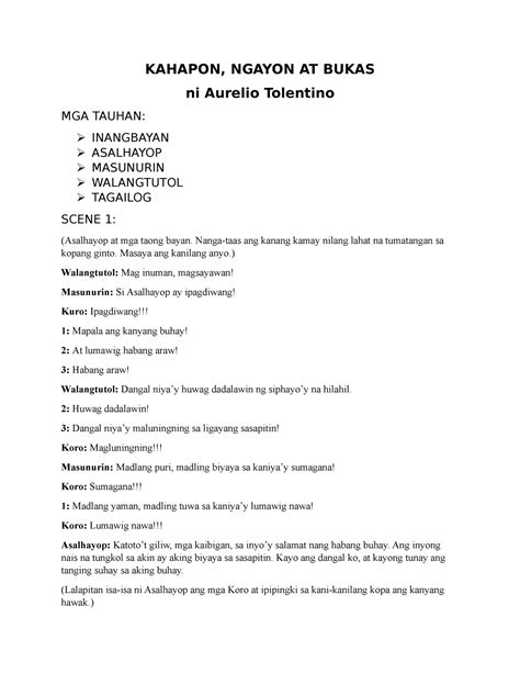 Filipino Sarsuwela Script Kahapon Ngayon At Bukas Ni Aurelio