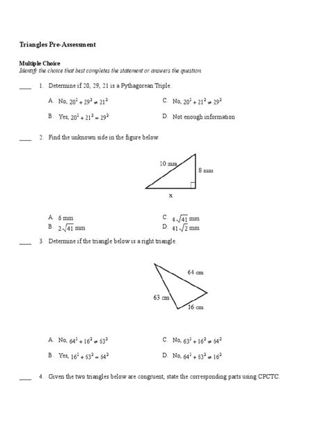 Triangles Pre Test Mpword Pdf Euclidean Plane Geometry Triangle Geometry