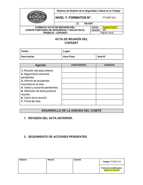 Acta De Reuni N Del Comite Paritario De Seguridad Y Salud En El Trabajo