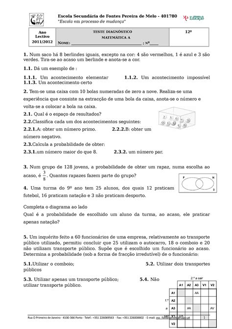 Teste Diagnostico Escola Secund Ria De Fontes Pereira De Melo