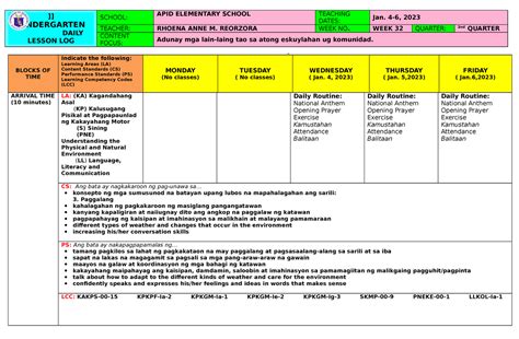 Kindergarten Dll Q2 W7 Kindergarten Daily Lesson Log School Apid