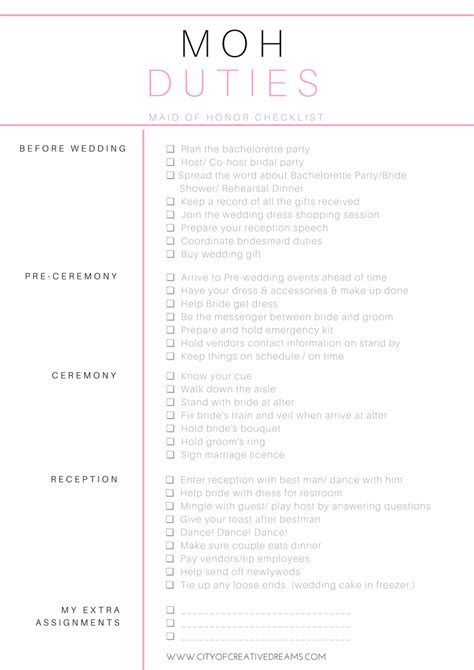 Maid Of Honor Duties Checklist Printable