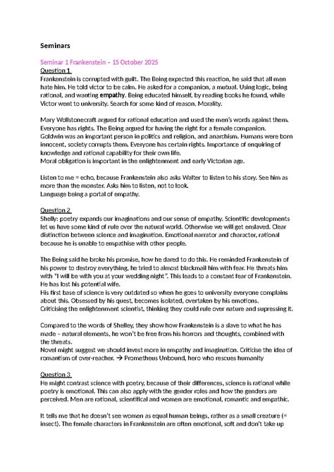 Seminars 1 & 2: Analysis of Frankenstein & Jane Eyre - Studocu