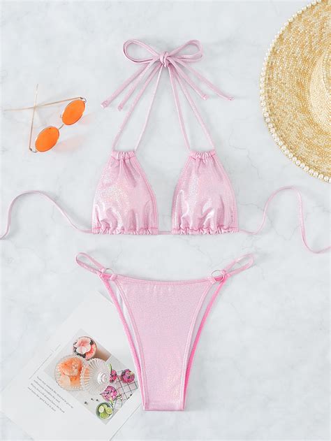 Conjunto De Bikini Con Purpurina Halter Micro Triangle Bra Ring