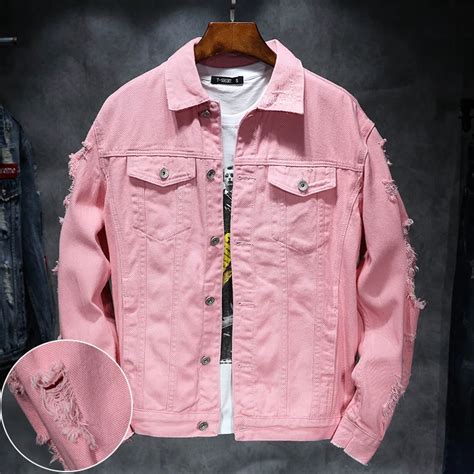 Yuwaijiaren Denim Jacket Men Ripped Holes Mens Pink Jean Jackets New