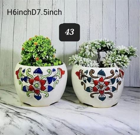 White Base Floral Printed Ceramic Flower Pot Set For Indoor Size