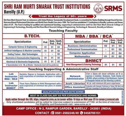 Shri Ram Murti Smarak Trust Institutions Requires Faculty - Facultytub