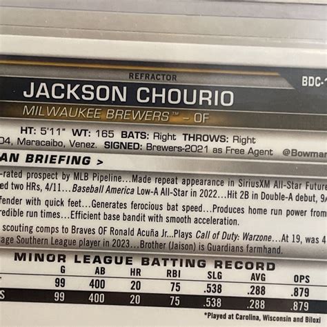 2023 Bowman Draft Chrome Refractor BDC 156 Jackson Chourio RC For