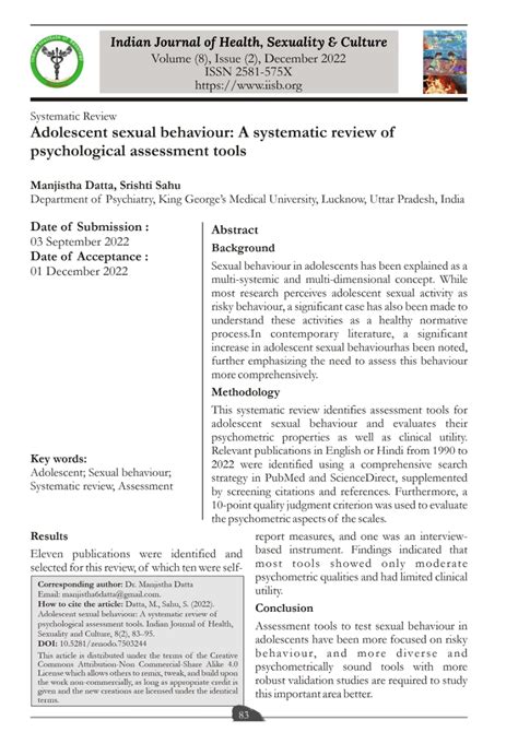 Pdf Adolescent Sexual Behaviour A Systematic Review Of Psychological Assessment Tools