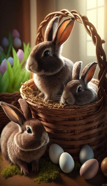 Lindos Conejos Reunidos Alrededor De Una Canasta De Pascua Llena De