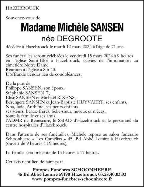 Avis De Décès Madame Michèle Sansen Pompes Funèbres Schoonheere