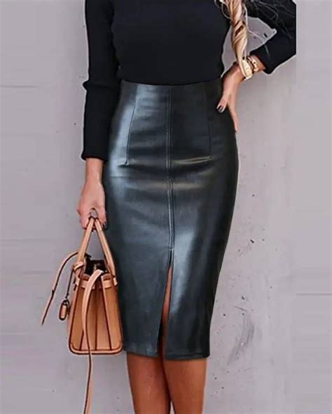 Olivia Mark High Waist Split Pu Leather Skirt Fashion Outfits Pu