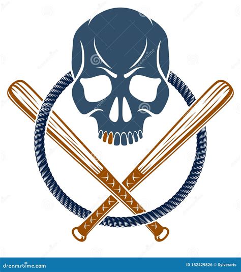 Gang Brutal Criminal Emblem Or Logo With Aggressive Skull Baseball Bats