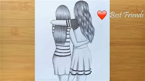 Best Friends Pencil Sketch Tutorial - How To Draw Best Friends Sitting Together Step By Step ...