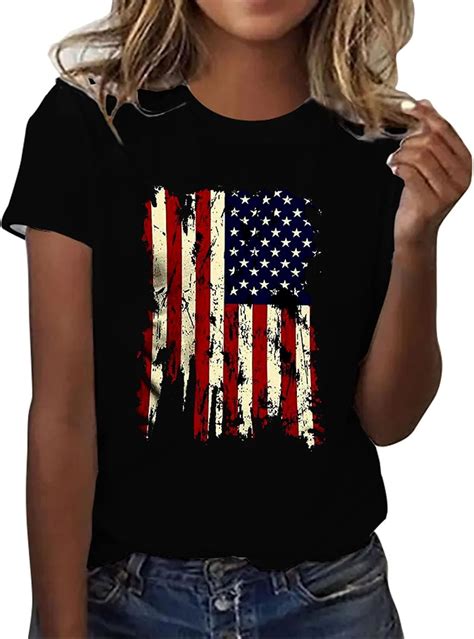 American Flag Shirt Women Round Neck Patriotic T Shirt 4th Of July