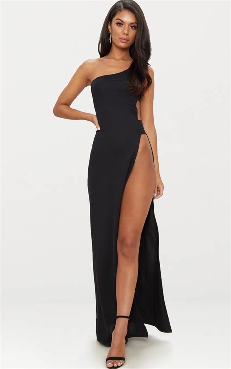 Black One Shoulder Extreme Split Cut Out Detail Maxi Dress