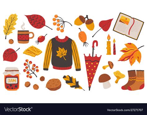 Autumn Set Cozy Hand Drawn Decorative Elements Vector Image