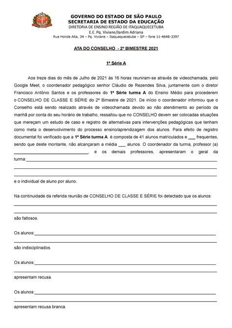 Ata De Conselho 1º A Como Fazer Uma Ata De Conselho Governo Do Estado