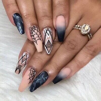 24 Witchy Matte Nude Black Press On Nails Kit Glue Spiderweb Goth Halloween Edgy EBay