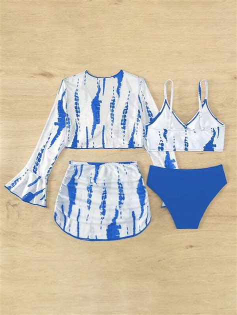 Chicas adolescentes con estampado Bañador bikini con de manga con volante Set cover up Moda de