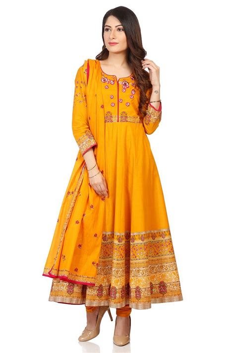 Buy Online Mustard Cotton Anarkali Suit Set For Women Girls At Best