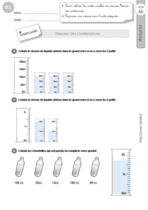 CE2 MESURES ET GRANDEURS Exercices Mesurer Des Contenances