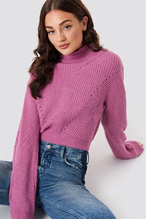 High Neck Pattern Knitted Sweater Pink Na