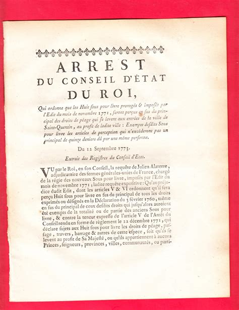 Arrest Du Conseil D Tat Du Roi Qui Ordonne Que Les Huit Sous Pour