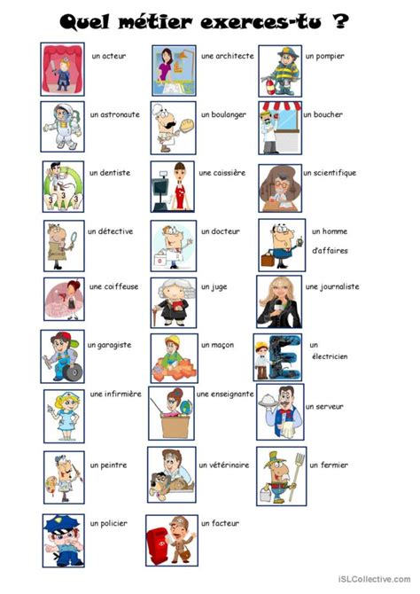 Les métiers dictionnaire visuel ou t Français FLE fiches pedagogiques