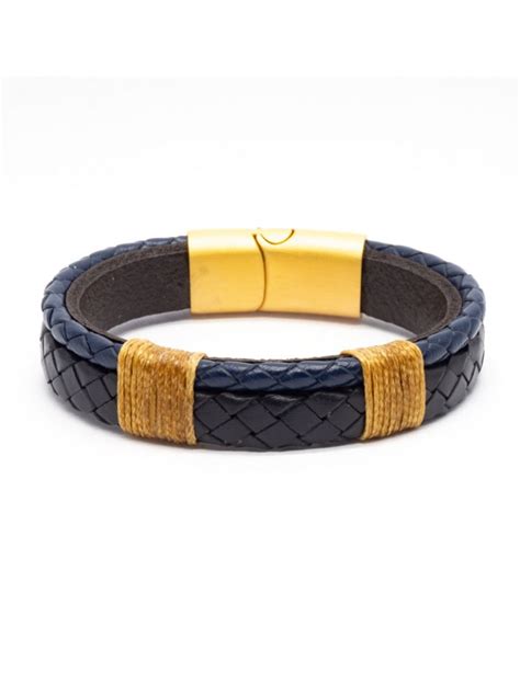 Bracelet Full Cuir Kinacou Bleu Marine Et Noir Taille M 18 Cm