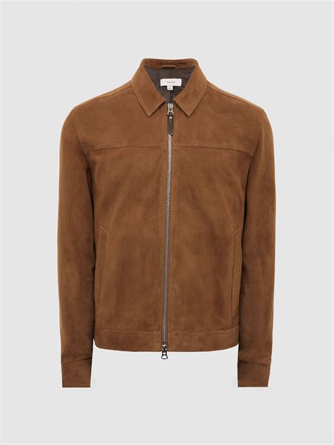 Suede Zip Through Jacket In Tobacco Reiss