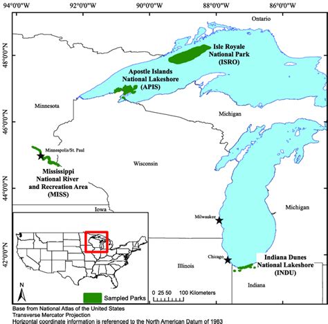 Map of the four upper Midwestern United States national parks sampled ...