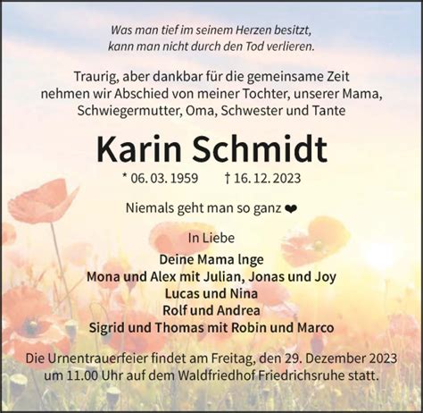 Traueranzeigen Von Karin Schmidt Trauerundgedenken De