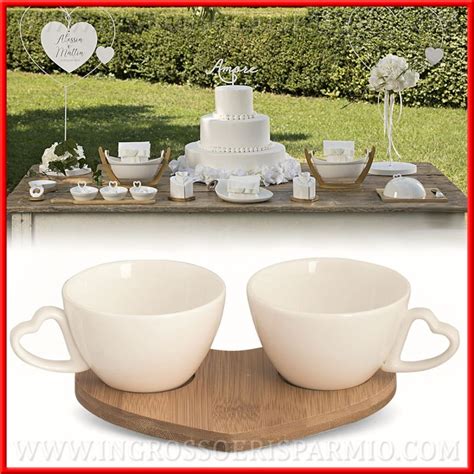 Tazzine Pz Vassoio Legno Cuore Set Tema Caffe Matrimonio Ingrosso