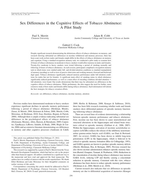 PDF Sex Differences In The Cognitive Effects Of Tobacco Abstinence A Pilot Study