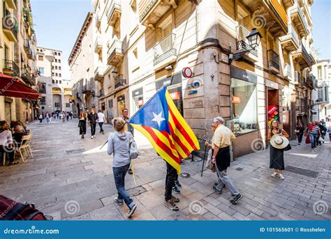 People With Catalonian Flag In Barcelona Editorial Photo Image Of