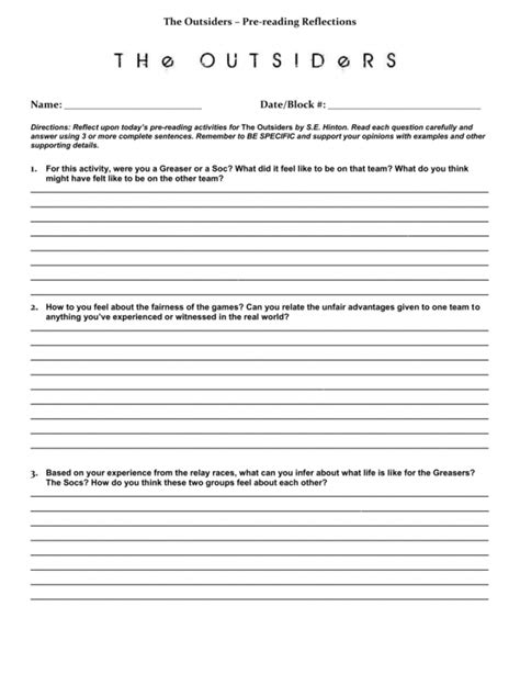 The Outsiders Pre Reading Activity Answer Key Printable Pdf Template