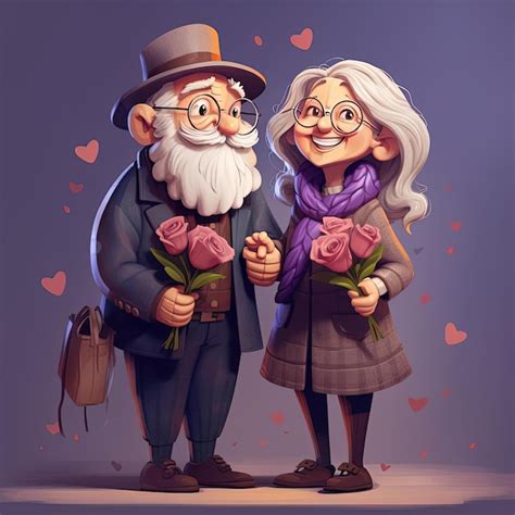 Premium AI Image | happy old couple giving each other a bouquet cartoon ...