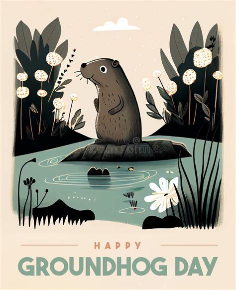 Happy Groundhog Day Poster Cute Groundhog In Cylinder Hat With Floral