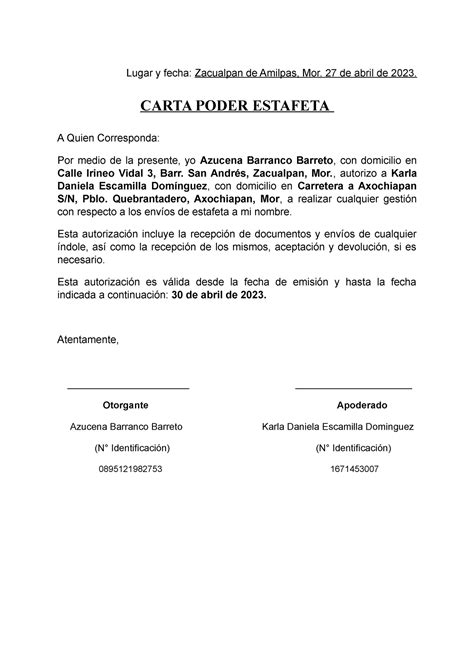 Carta Poder Estafeta