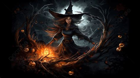 Dark Witch With Pumpkins And Candles In The Background And The Witch