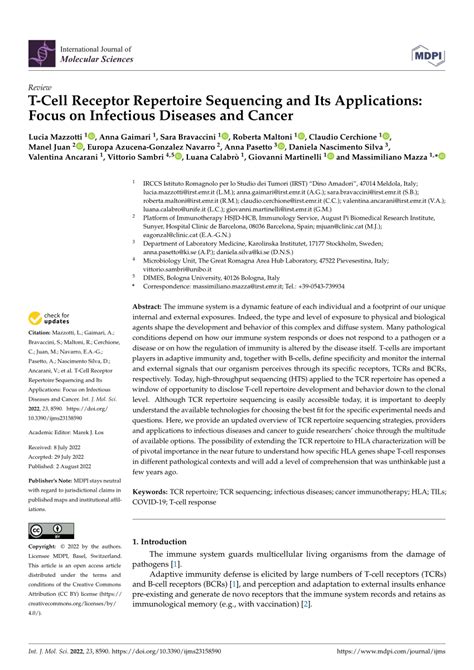 Pdf T Cell Receptor Repertoire Sequencing And Its Applications Focus On Infectious Diseases