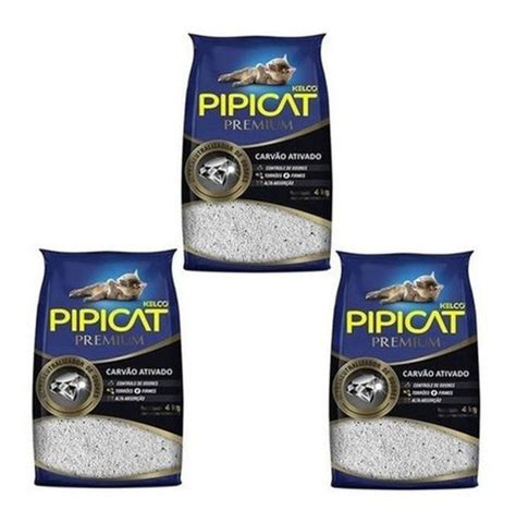 kit 3 Areia Pipicat Carvão Ativado Super Premium para Gatos 4kg