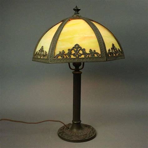 Antique Miller And Co Arts And Crafts Slag Glass Panel Table Lamp Bronze Base At 1stdibs