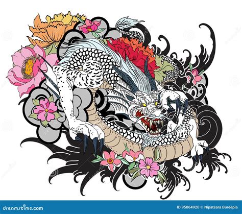 Hand Drawn Dragon Tattoo Coloring Book Japanese Style Stock