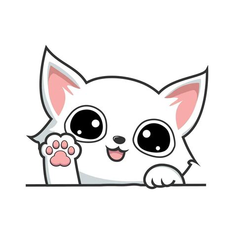 White Cat Kawaii Waving Paws Hand Cute White Pussy Cat Cartoon Vector Art At Vecteezy